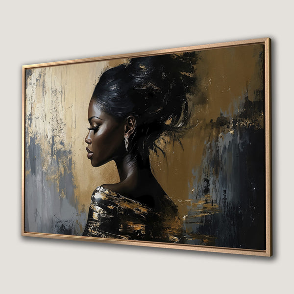 Framed Wall Art: Elegant portrait of a woman with black hair, gold & black abstract background. Modern art with a warm, neutral color palette.