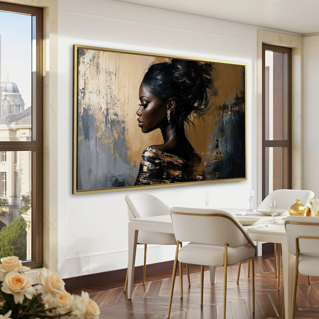 Canvas Print of a Black woman in profile, abstract style, gold, black, and neutral tones, displayed in a luxurious interior.
