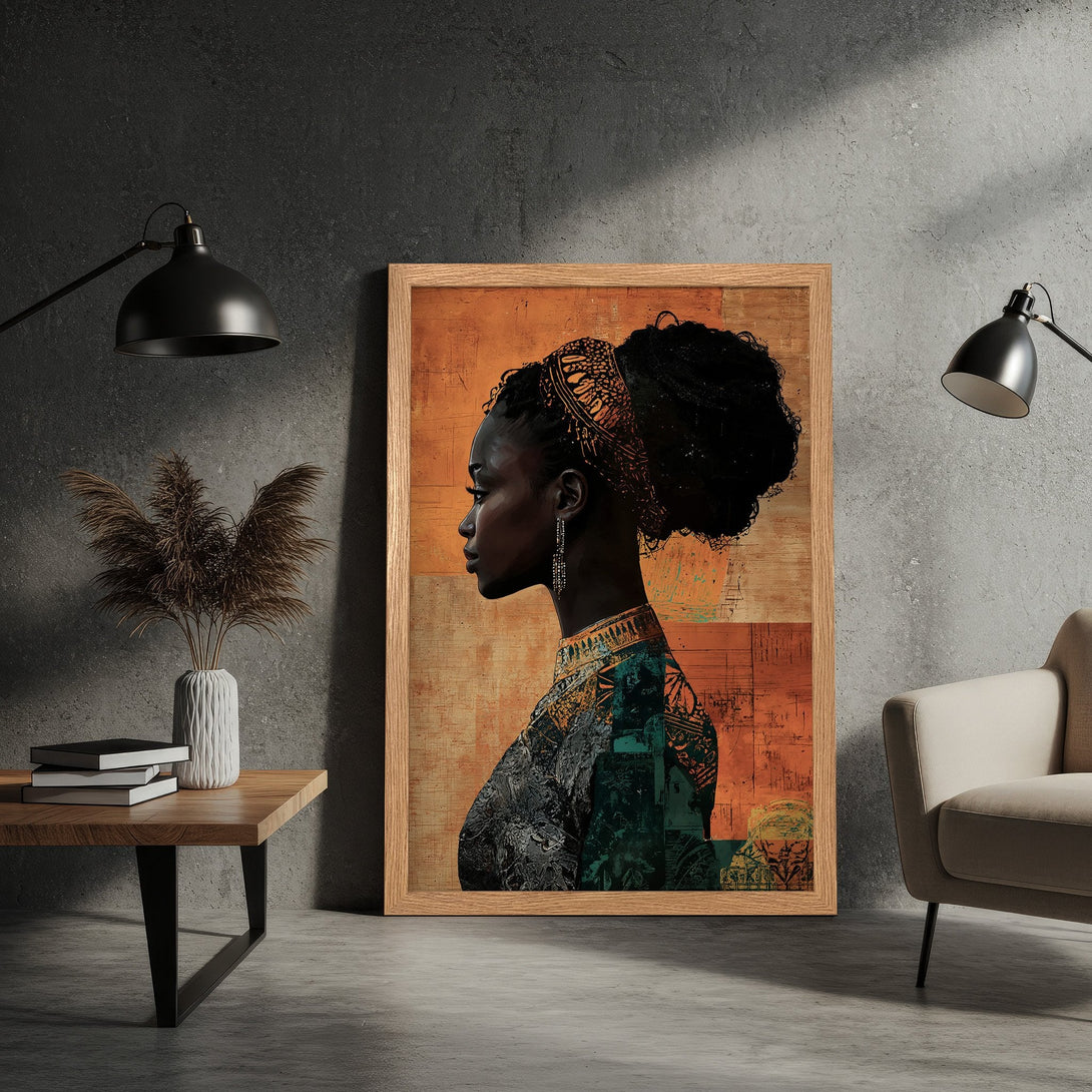 Framed Poster featuring a profile portrait of a Black woman, abstract style, warm orange and green color palette. Elevate your space!