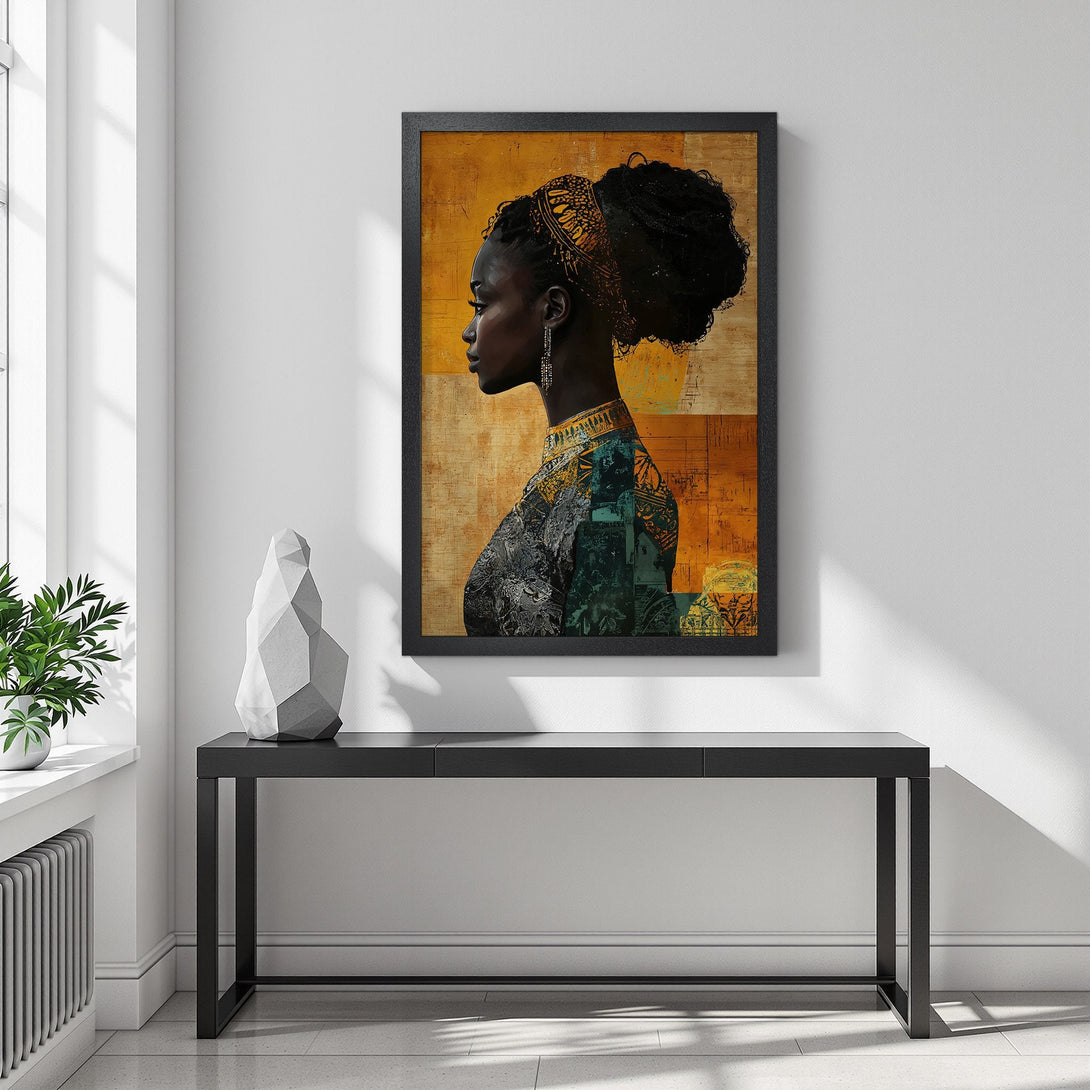 Framed Poster featuring a profile portrait of a Black woman. Artistic style with warm gold and teal tones, perfect for home decor.