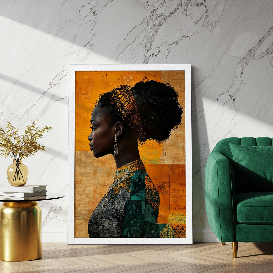 Framed Poster featuring an elegant Black woman, abstract style, warm gold and teal color palette. Perfect wall art!
