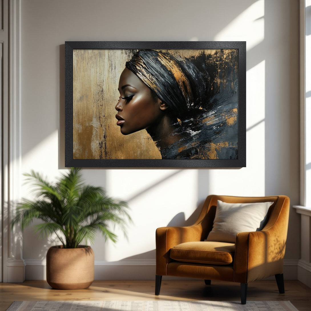 Framed Poster featuring a woman in profile, abstract style, with black, gold, and neutral tones. Perfect wall art.