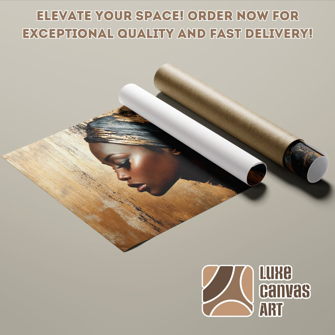 Poster Roll featuring a woman's portrait, with gold and brown tones, modern art style. Shop now!