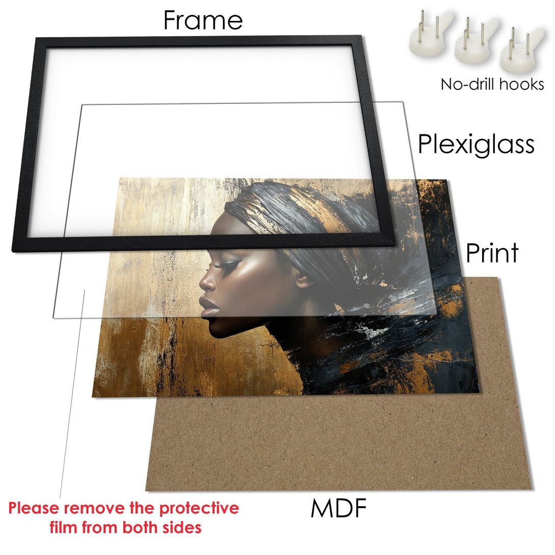 Framed Poster featuring an abstract portrait in gold, black, and brown tones. Elevate your space with this stunning art print.