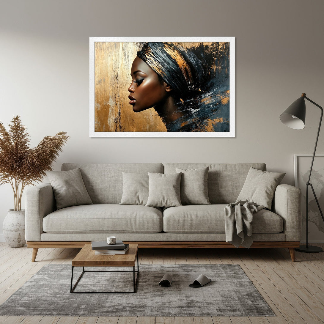 Framed Poster featuring an elegant woman in profile, abstract style, gold and navy color palette. Perfect wall art for your home!