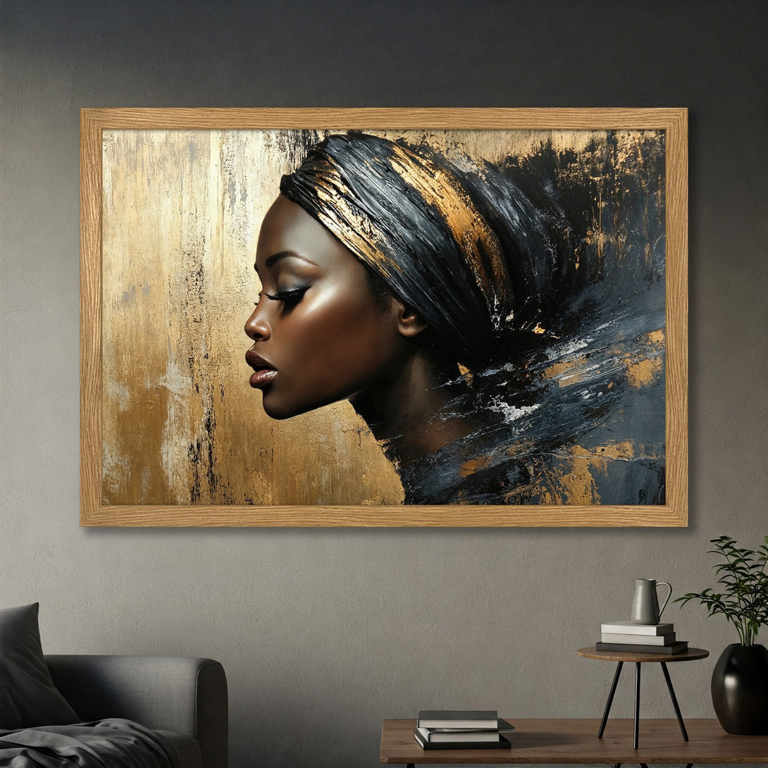 Framed Poster of African woman in profile, abstract style, gold, black, and neutral color palette. Modern wall art.