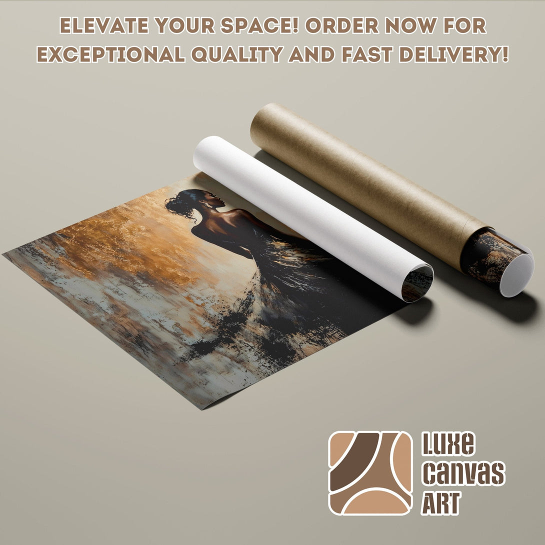 Abstract art poster roll with woman in gold and black, perfect for home decor.