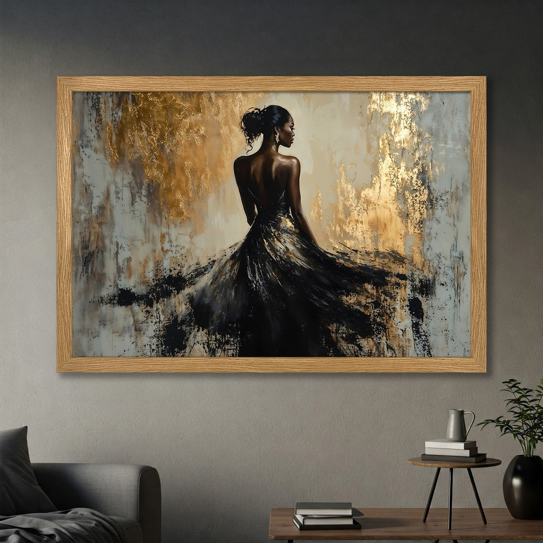 Framed Poster featuring an elegant woman in a black dress. Abstract style with gold, black, and neutral color palette. Perfect wall art for your home!