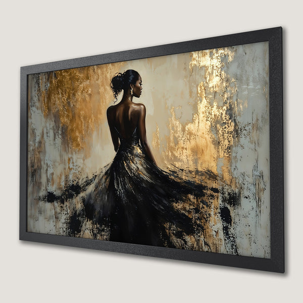 Framed Poster featuring an elegant woman in a black dress, abstract style, gold & neutral color palette.