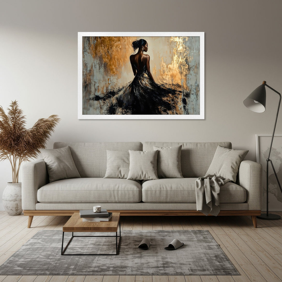 Framed Poster featuring an elegant woman in a flowing black dress, abstract style, gold and neutral color palette. Perfect wall art!