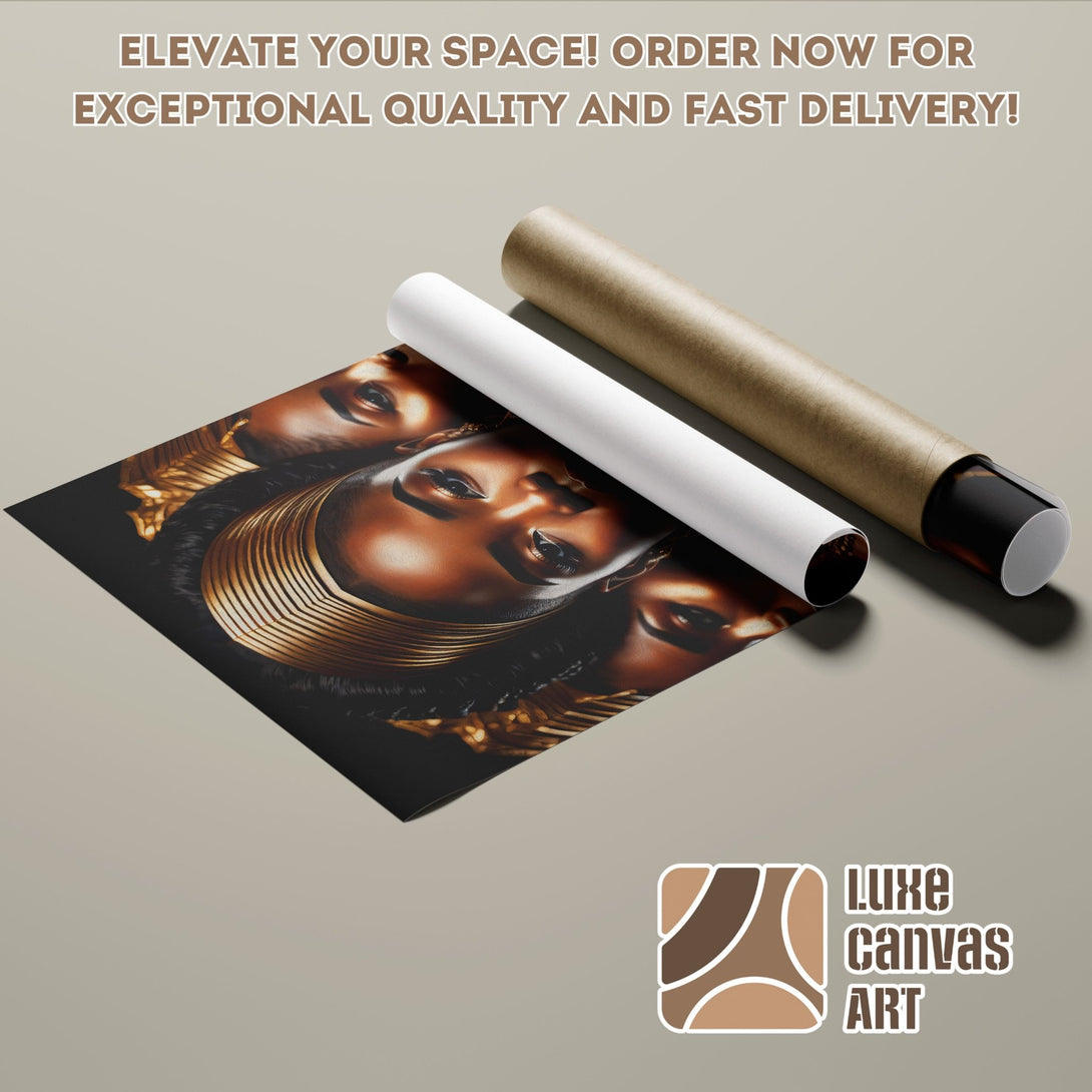 Poster Roll featuring a portrait with gold accents, warm brown tones, and a luxurious style. Elevate your space!