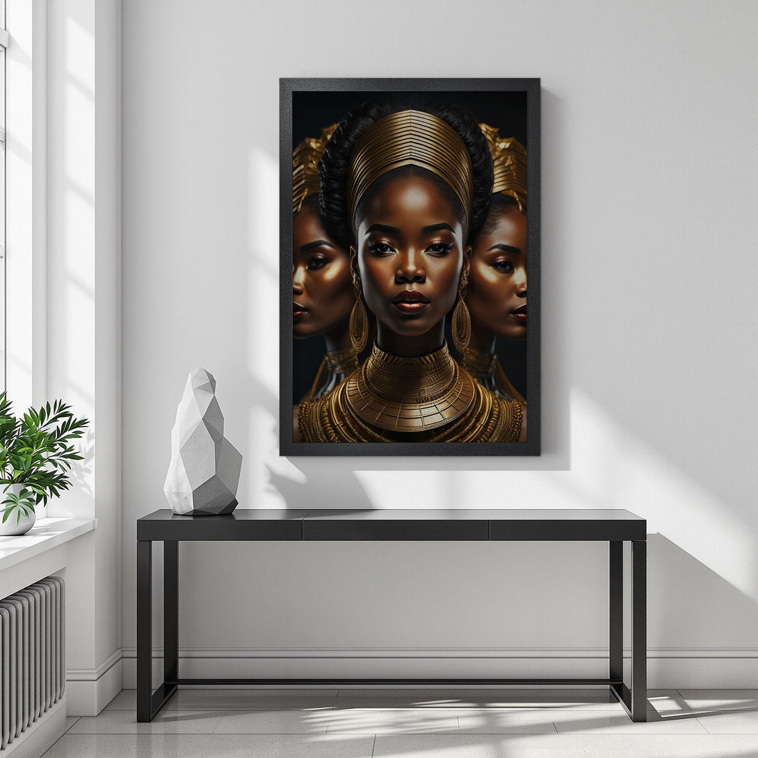 Framed Poster featuring a regal Black woman with gold accents. Modern art style, rich gold and black color palette, perfect for home decor.