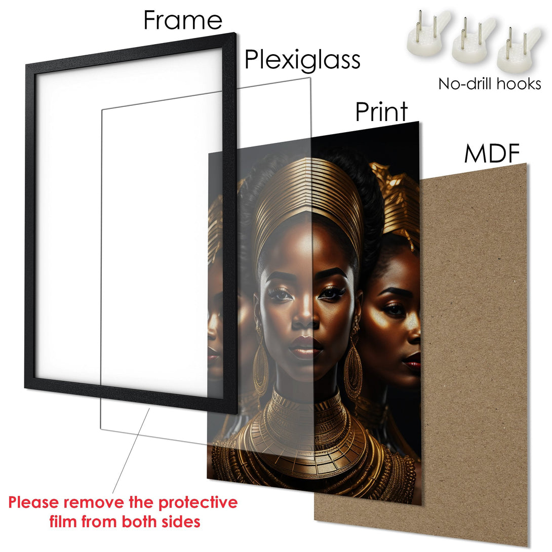 Framed Poster featuring an African queen. Rich, detailed art in gold and dark tones. Perfect wall decor!