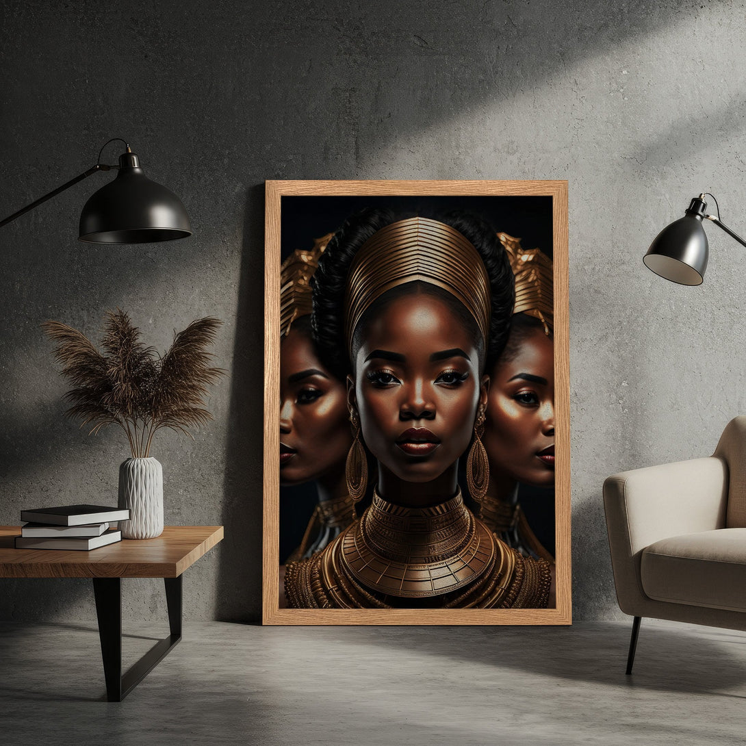 Framed Poster featuring a regal woman with gold accents, in a dark, elegant style. Warm gold and black color palette.