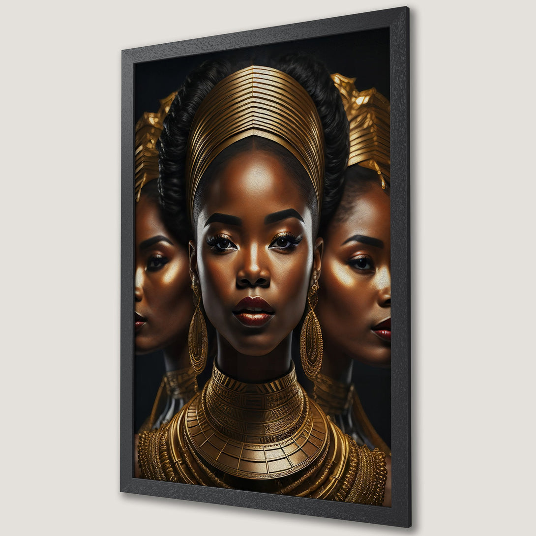Framed Poster featuring a regal woman in gold jewelry. Elegant style, rich gold and black color palette. Perfect wall art.