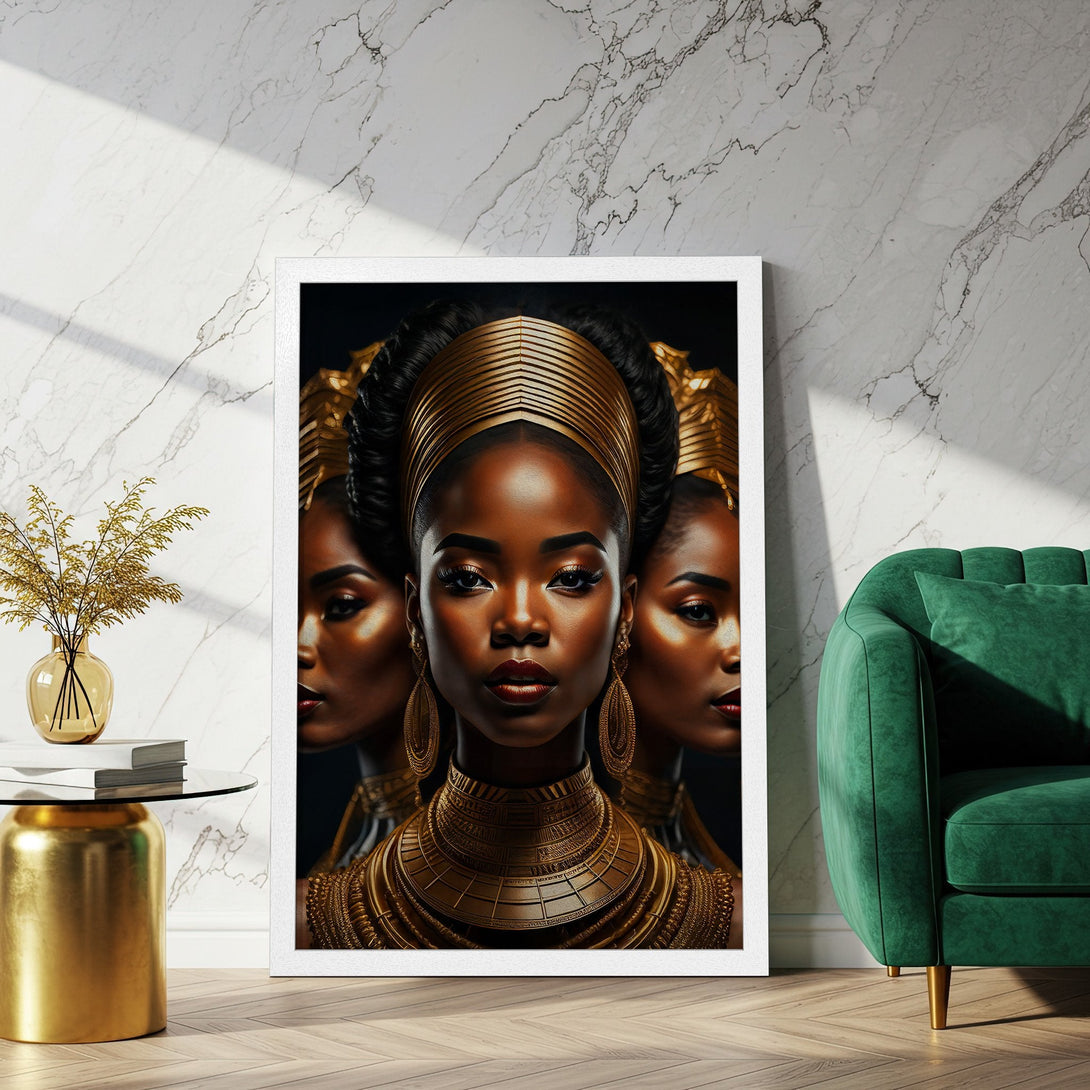 Framed Poster featuring a regal woman, gold accents, and a dark color palette. Perfect for adding elegance to your space.