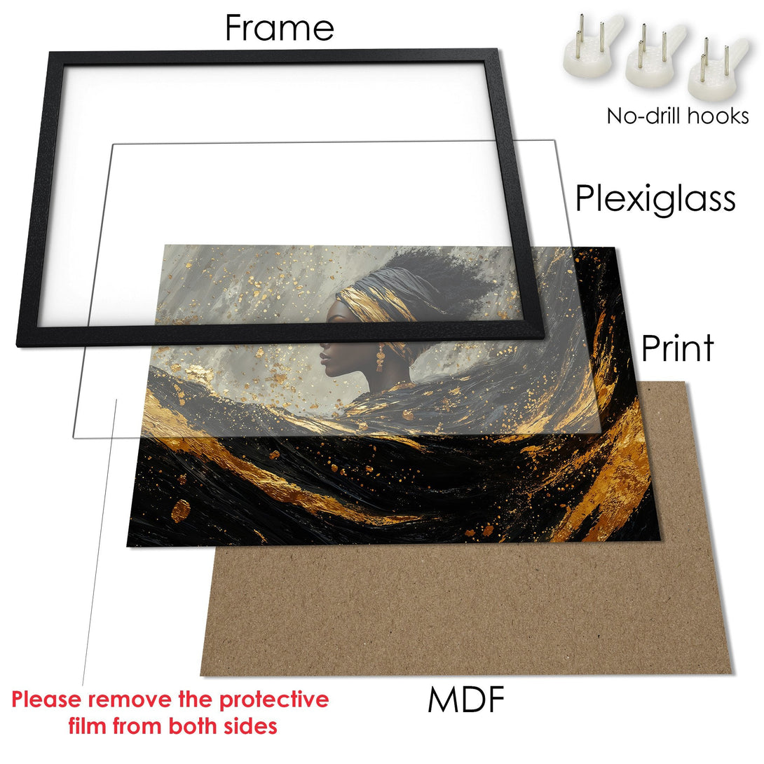 Framed Poster featuring a woman in gold and black. Abstract art style with a luxurious color palette. Enhance your decor!