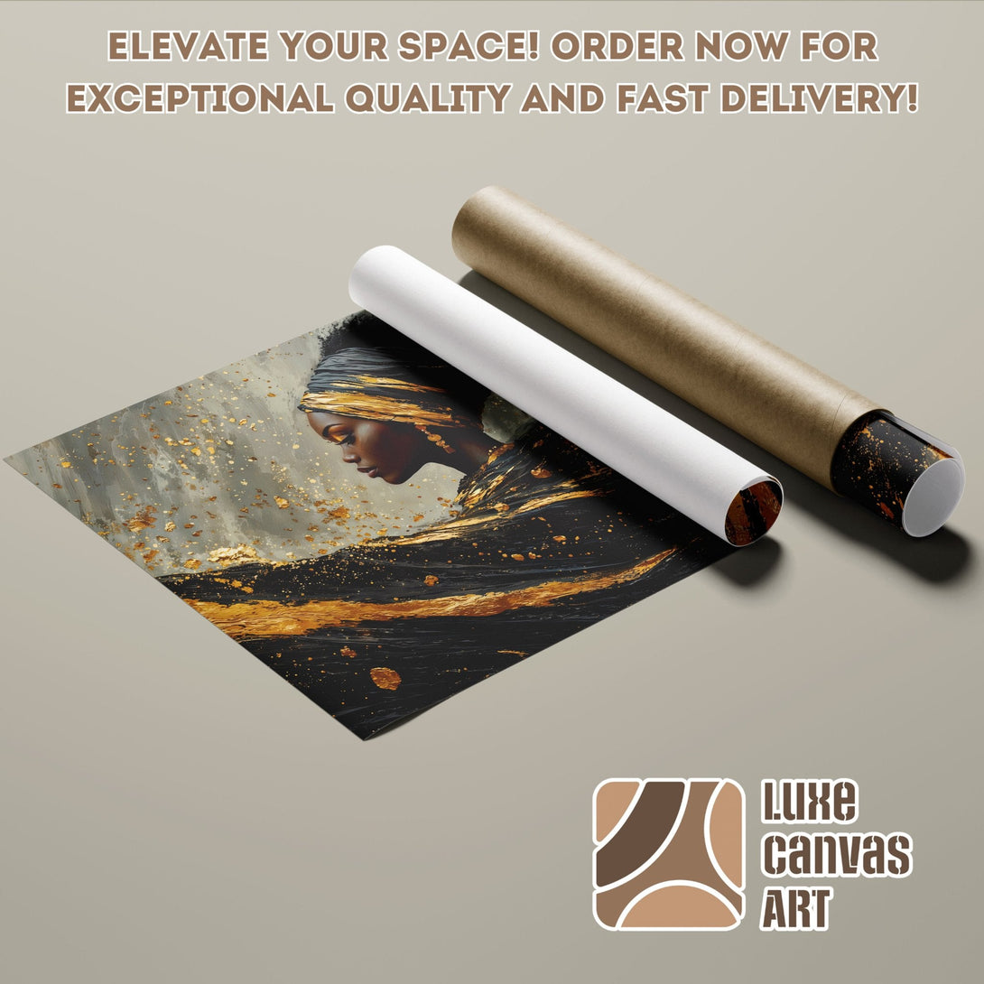 Poster Roll featuring an abstract portrait in gold and black, perfect for modern decor.
