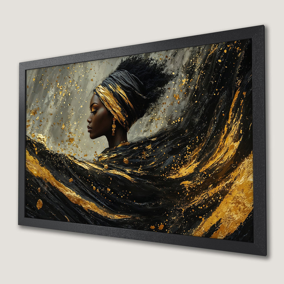 Framed Poster: Elegant African woman art print in black, gold, and gray. Modern wall decor.