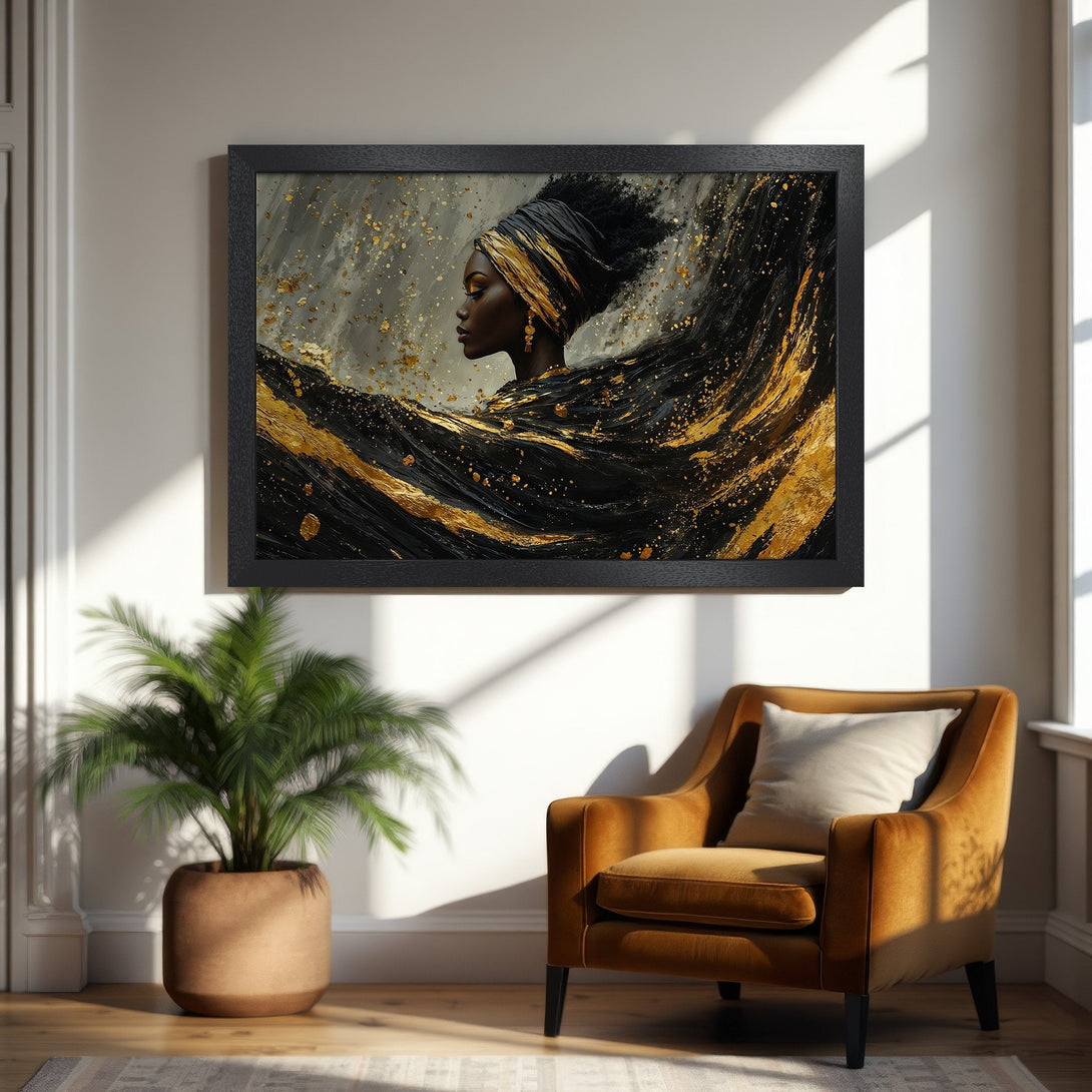 Framed Poster featuring an elegant woman in a black and gold abstract style. Perfect wall art for a modern, luxurious home.