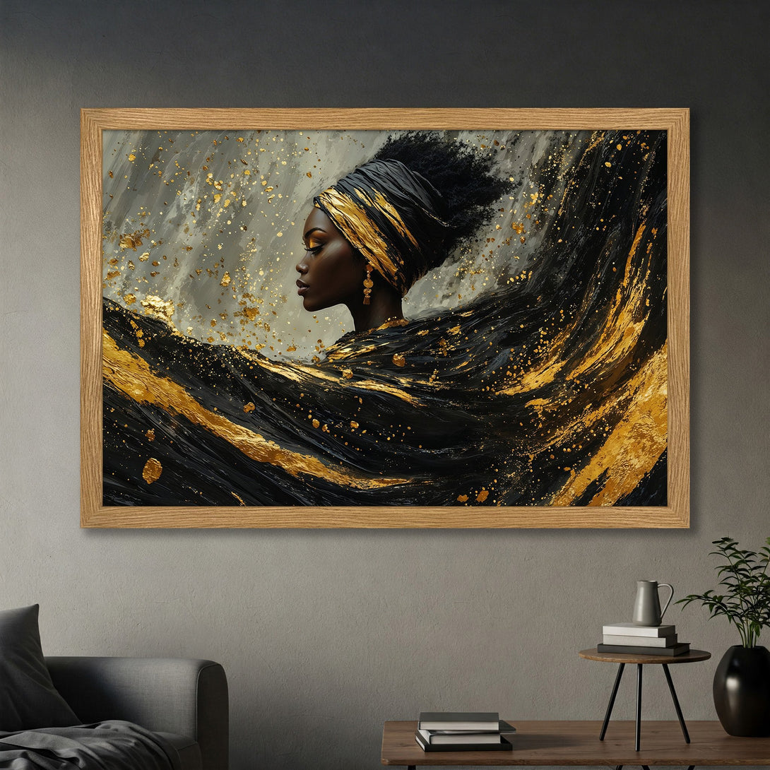 Framed Poster featuring an elegant Black woman with gold accents, in a stylish, abstract art style. The color palette includes black, gold, and gray.