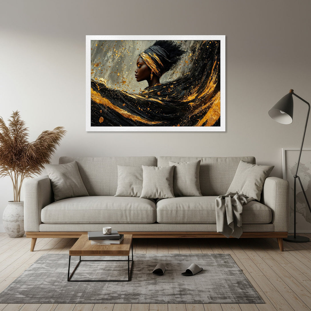 Framed Poster featuring a woman in black and gold abstract art. Modern style, elegant design with a neutral and gold color palette.
