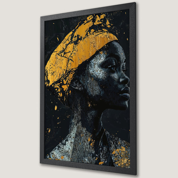 Framed Poster featuring an abstract portrait of a woman with gold accents, in a dark and moody style. Stunning wall art decor.