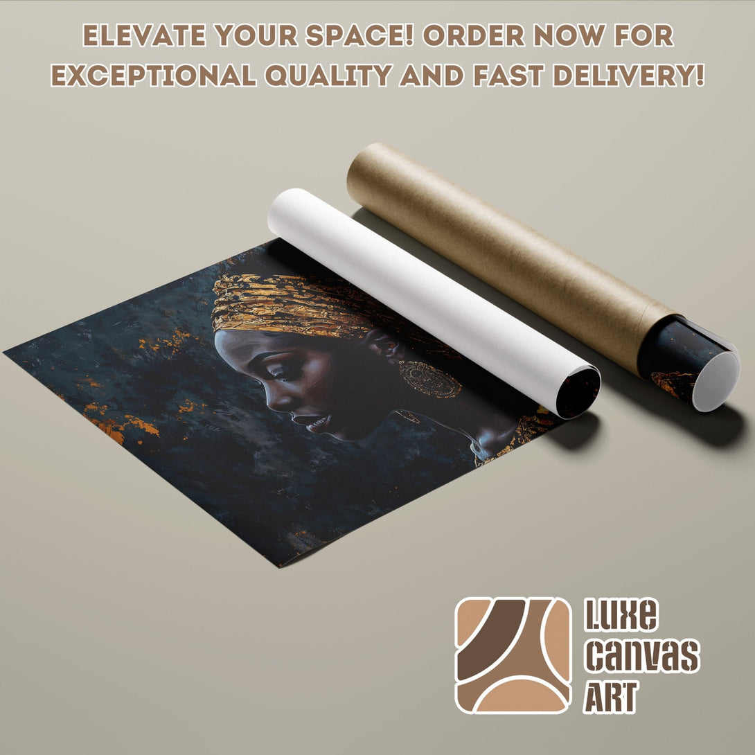Poster Roll featuring an African woman in a dark, artistic style with gold accents. Moody color palette.