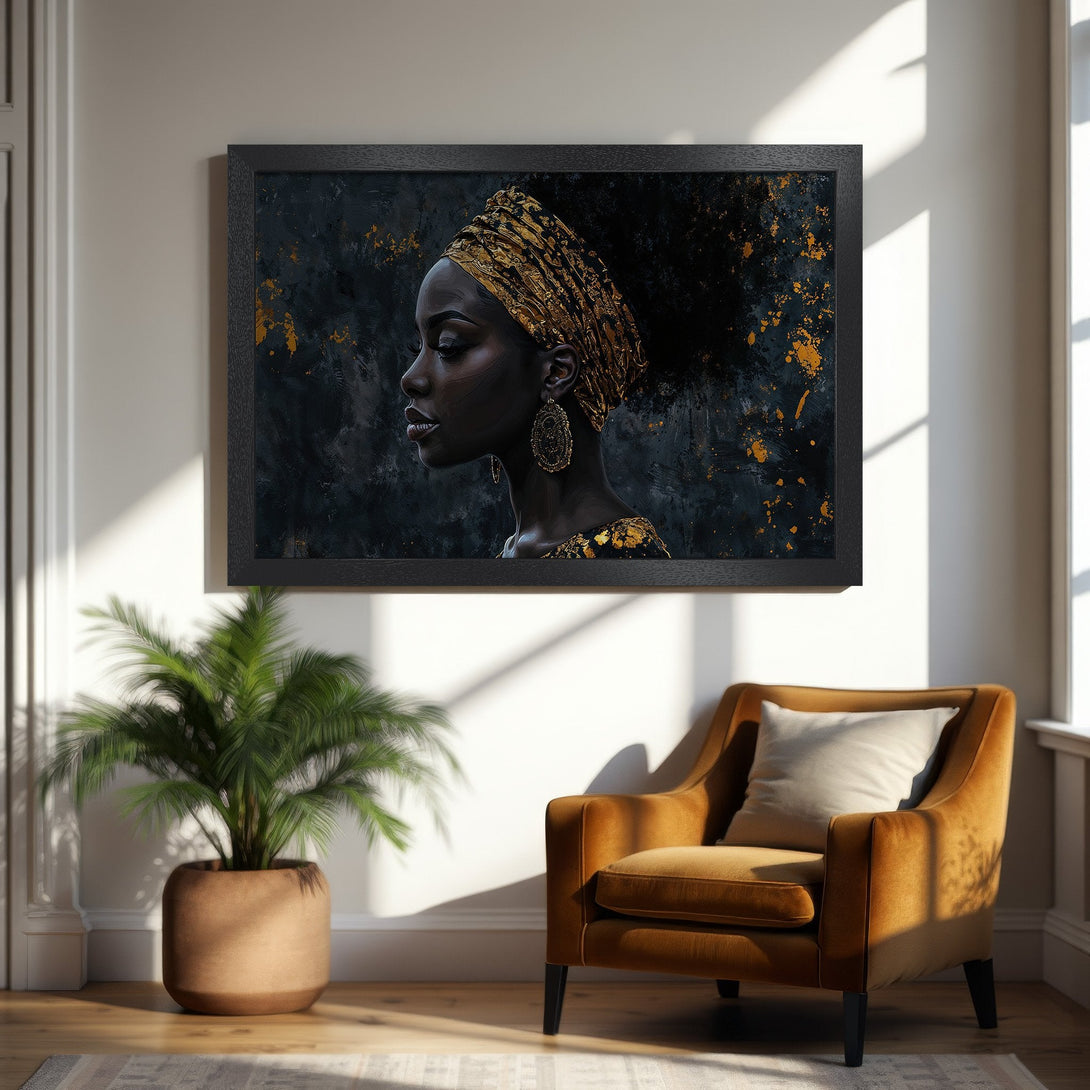 Framed Poster featuring an elegant Black woman in gold, abstract style, dark & gold color palette. Perfect wall art!