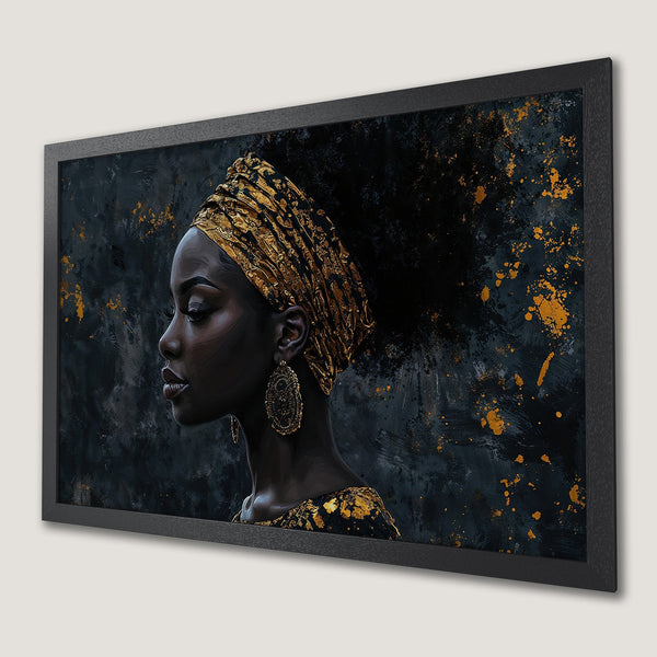 Framed Poster: African woman art print in gold and black, modern style, perfect wall decor.