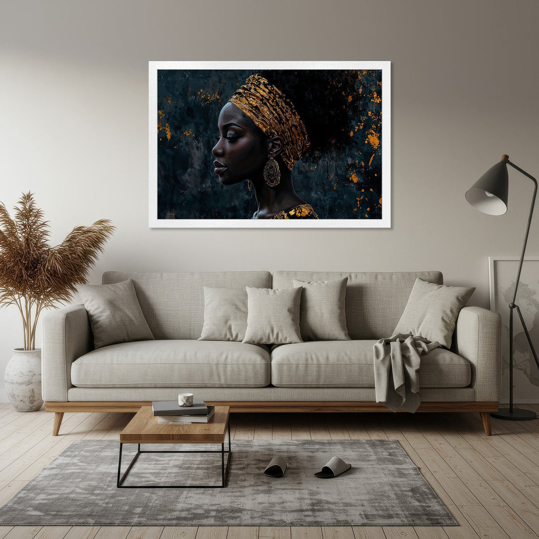 Framed Poster featuring a profile portrait of a woman with gold accents. Dark, artistic style with a moody blue and gold color palette. Perfect wall art!