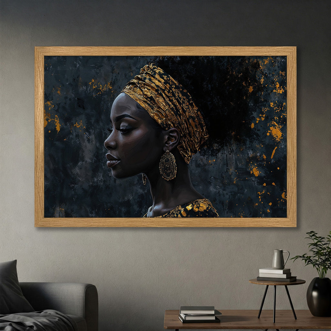 Framed Poster featuring a woman in gold headwrap, dark, abstract style. Elegant wall art with black and gold color palette.