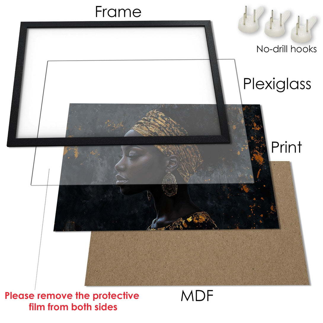 Framed Poster featuring an elegant Black woman, in a dark, gold and gray color palette. Modern art print.