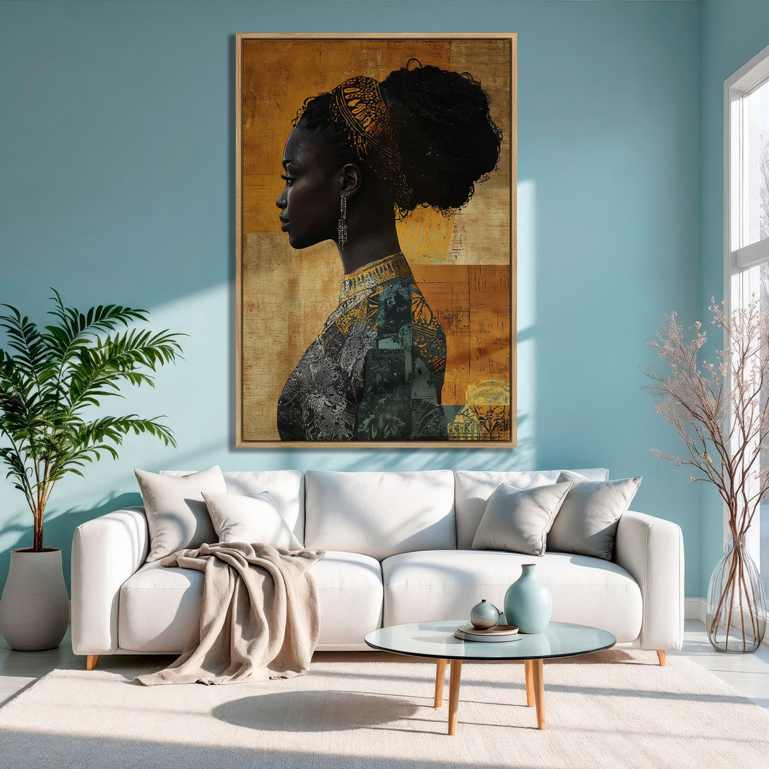 Framed Wall Art featuring a profile of a Black woman, warm gold and earthy tones. Modern art canvas print perfect for living room decor.