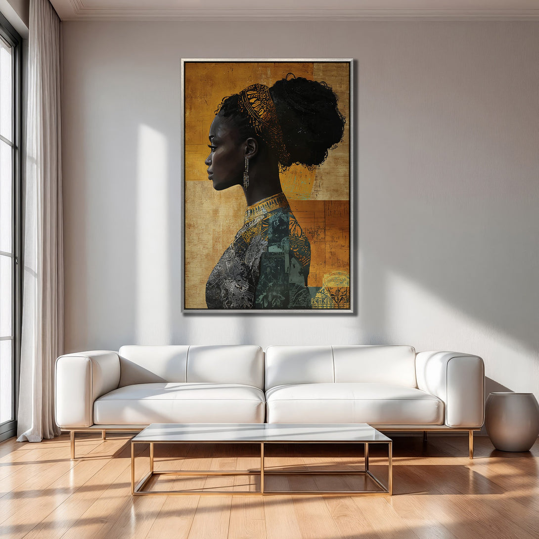 Framed Wall Art: Elegant portrait of a Black woman in profile, warm gold & teal tones. Perfect for modern interiors. Shop our art prints!
