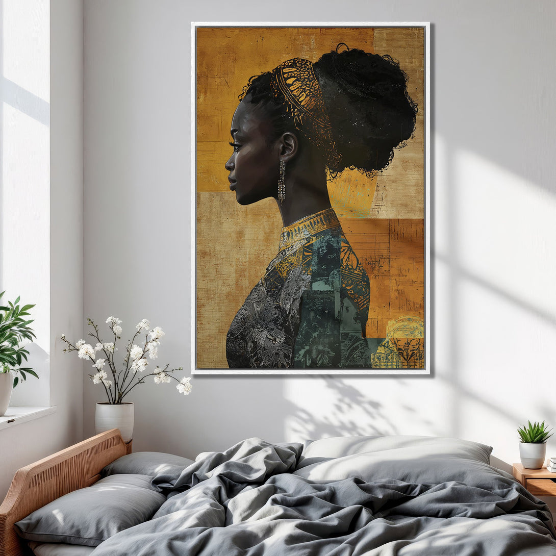 Framed Wall Art featuring an elegant Black woman in profile, with a warm gold and teal color palette. Perfect for bedroom decor!