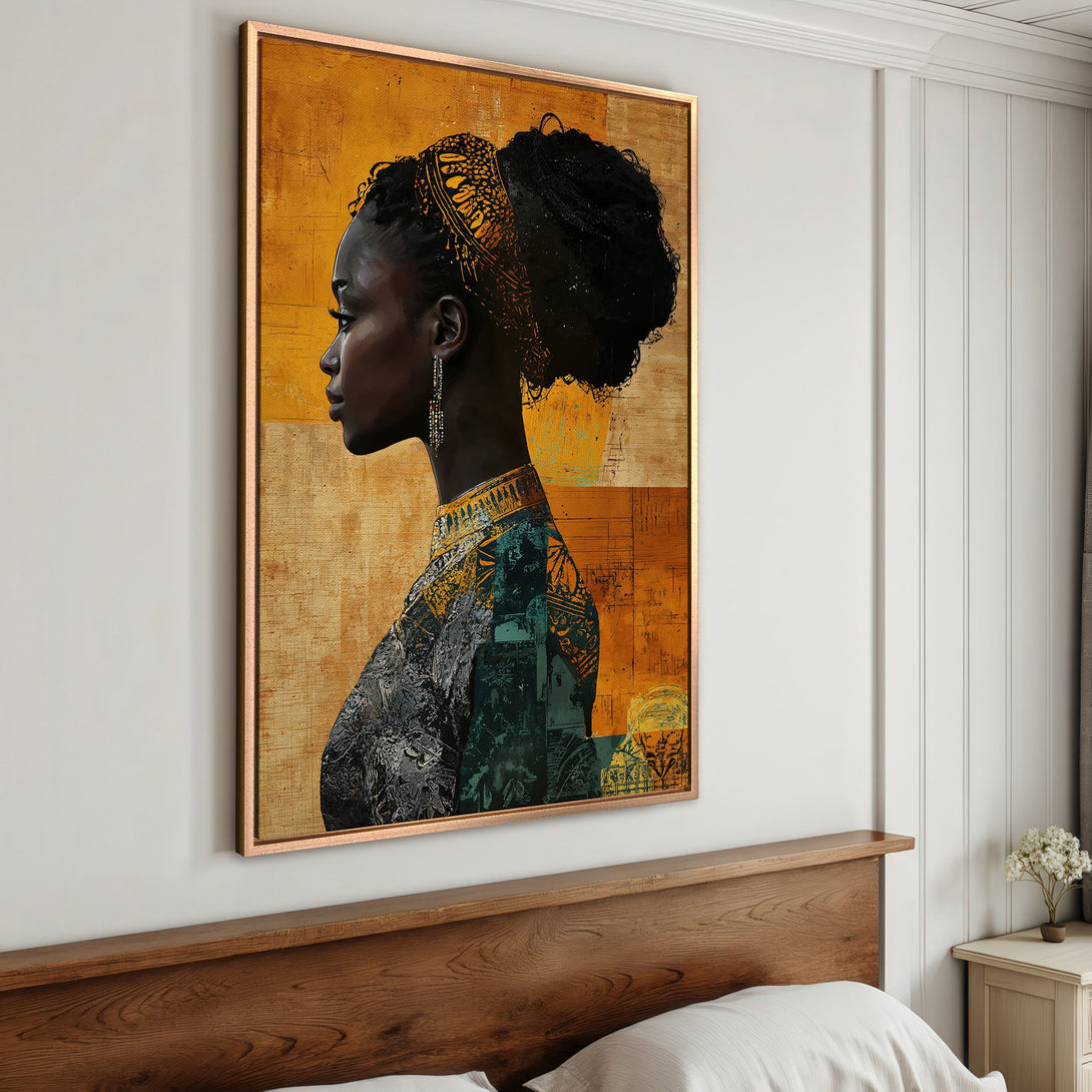 Framed Wall Art featuring a portrait of a Black woman in a warm, earthy palette. Perfect for adding an artistic touch to your bedroom decor.
