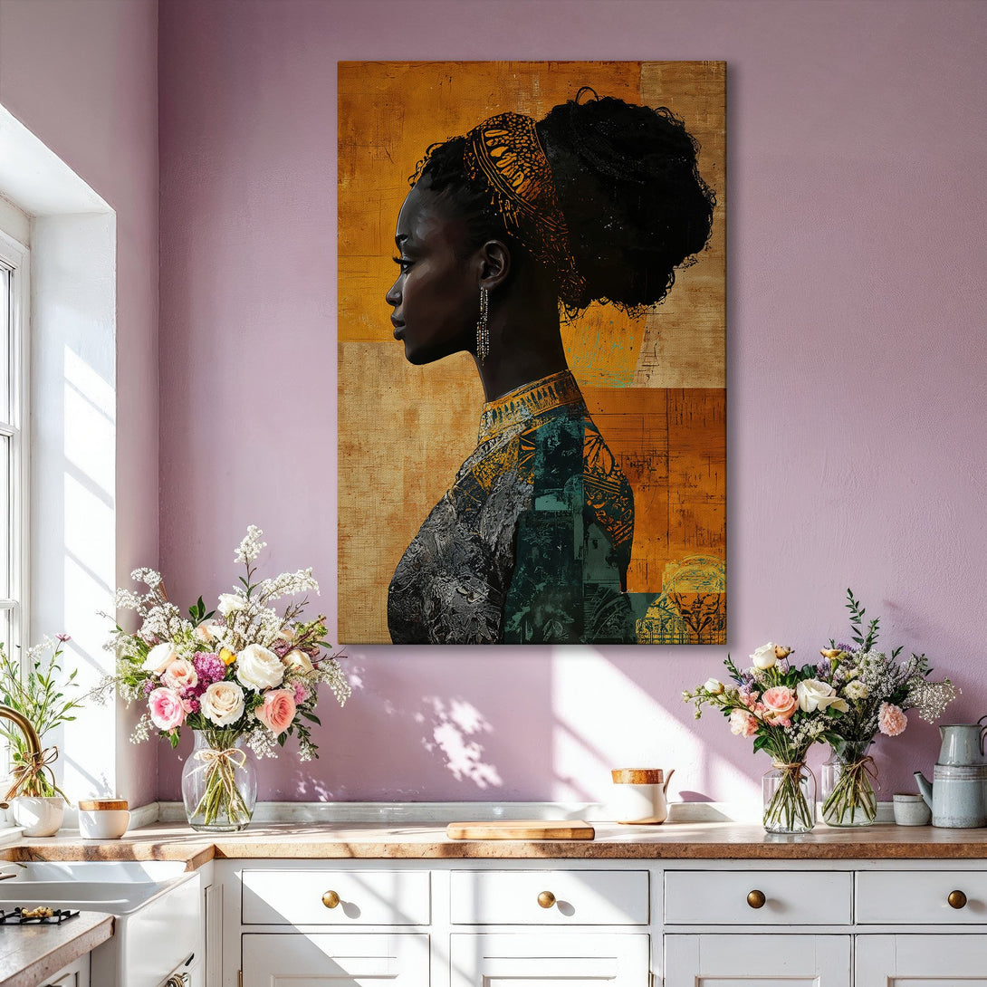 Framed Wall Art featuring a beautiful African woman in profile, warm gold and brown tones, perfect for modern decor. Elevate your space with this stunning Canvas Print!