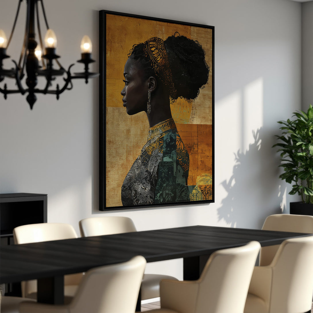 Framed Wall Art featuring an elegant Black woman, warm gold & teal tones. Perfect for adding sophistication to your dining room. Shop now!