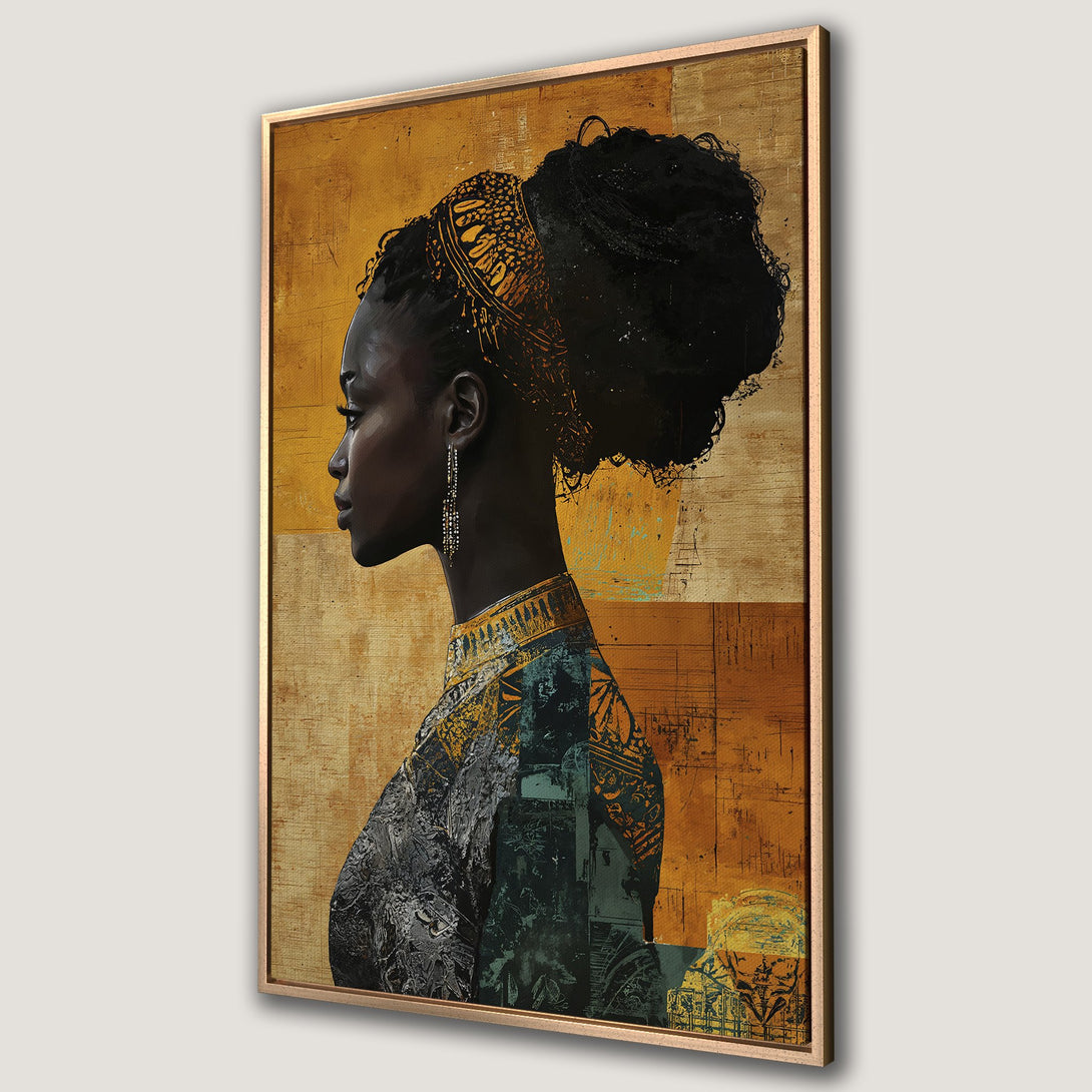 Framed Wall Art featuring a beautiful African woman in profile, abstract style, warm gold & teal color palette. Perfect for adding elegance to your space!