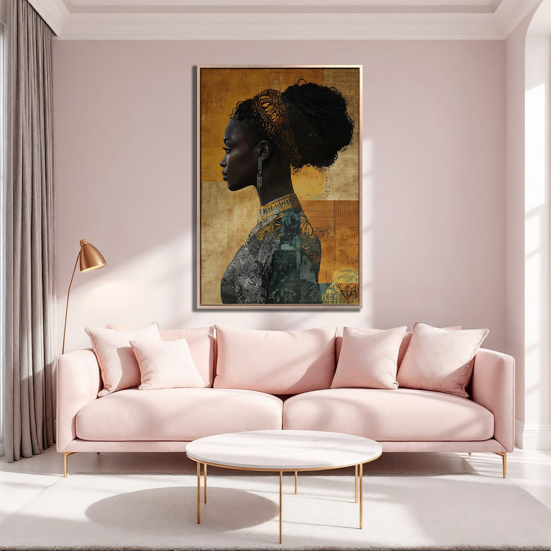 Framed Wall Art: Elegant portrait of a Black woman in profile, warm gold and earth tone palette. Adds sophistication to any space. Shop now!
