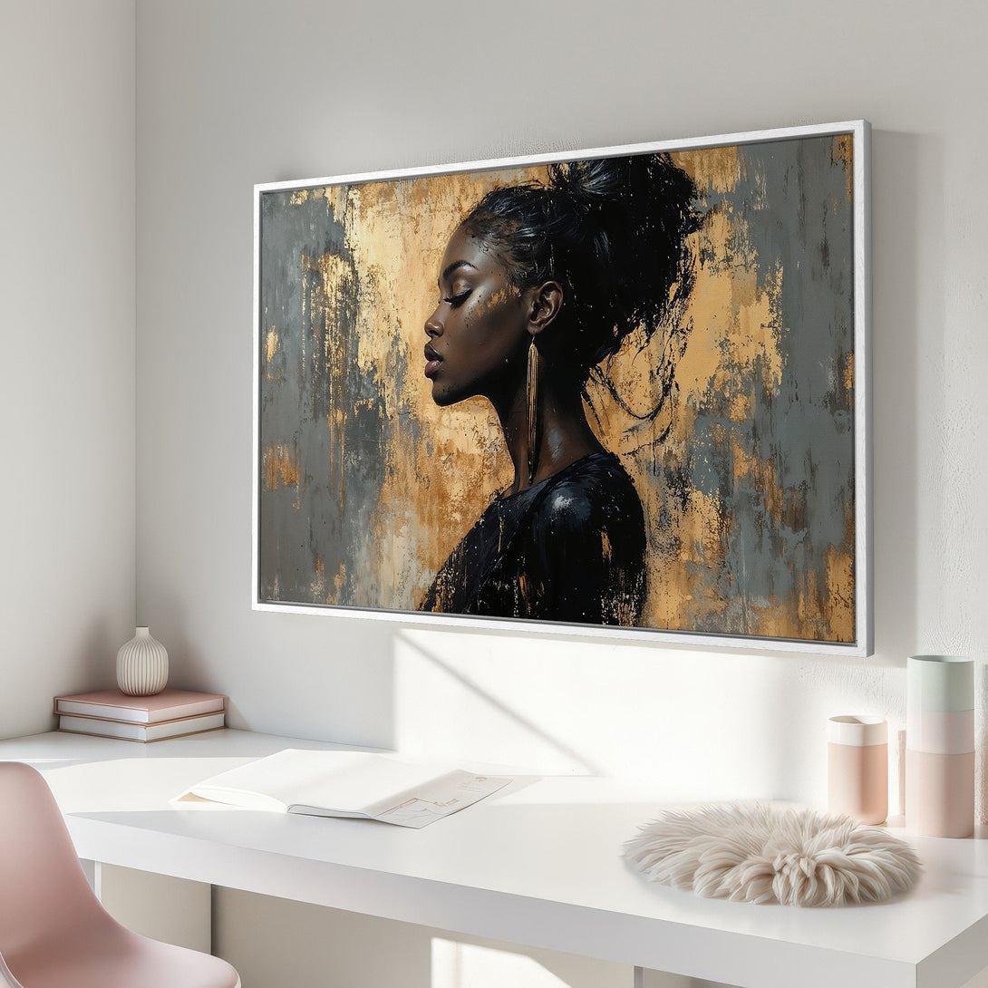 Framed Wall Art: Abstract portrait of a woman with gold and gray accents. Modern canvas print to elevate your space.