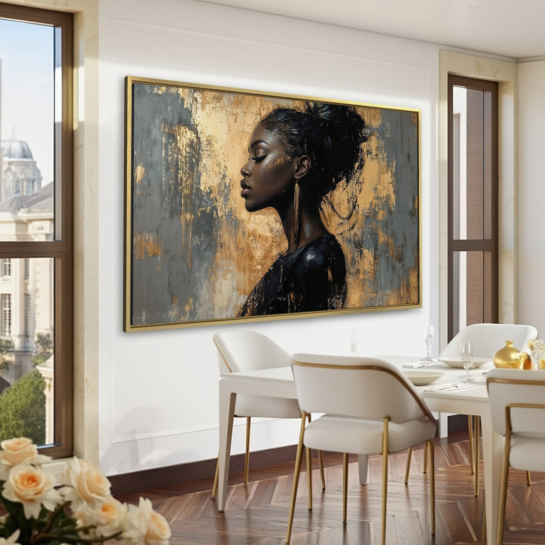 Canvas Print of a Black woman in profile, abstract gold and gray art. Modern wall decor with a touch of elegance.