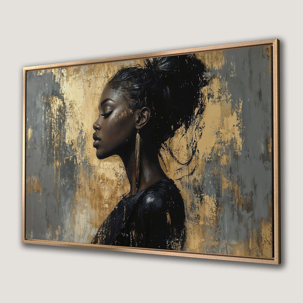 Framed Wall Art: Elegant woman portrait in gold, black, and gray abstract style. Enhance your space with this stunning Canvas Print!