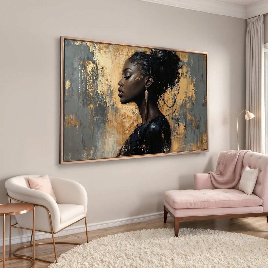 Framed Wall Art featuring a portrait of a woman in black, with a gold and gray abstract background. Modern art in a neutral interior.