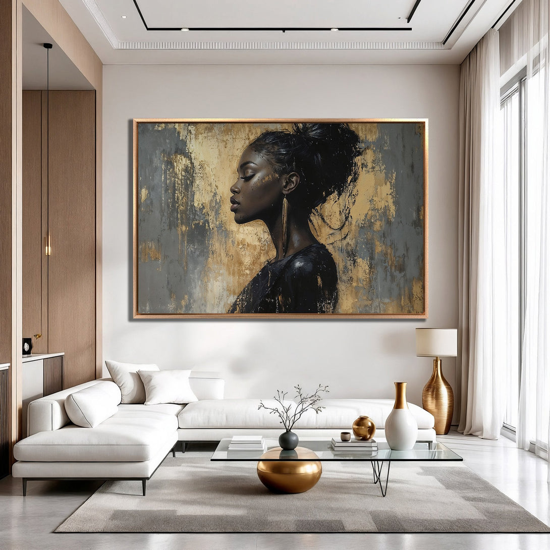 Framed Wall Art: Abstract portrait of a woman in gold, black, and gray tones. Modern art for living room decor. Elevate your space!