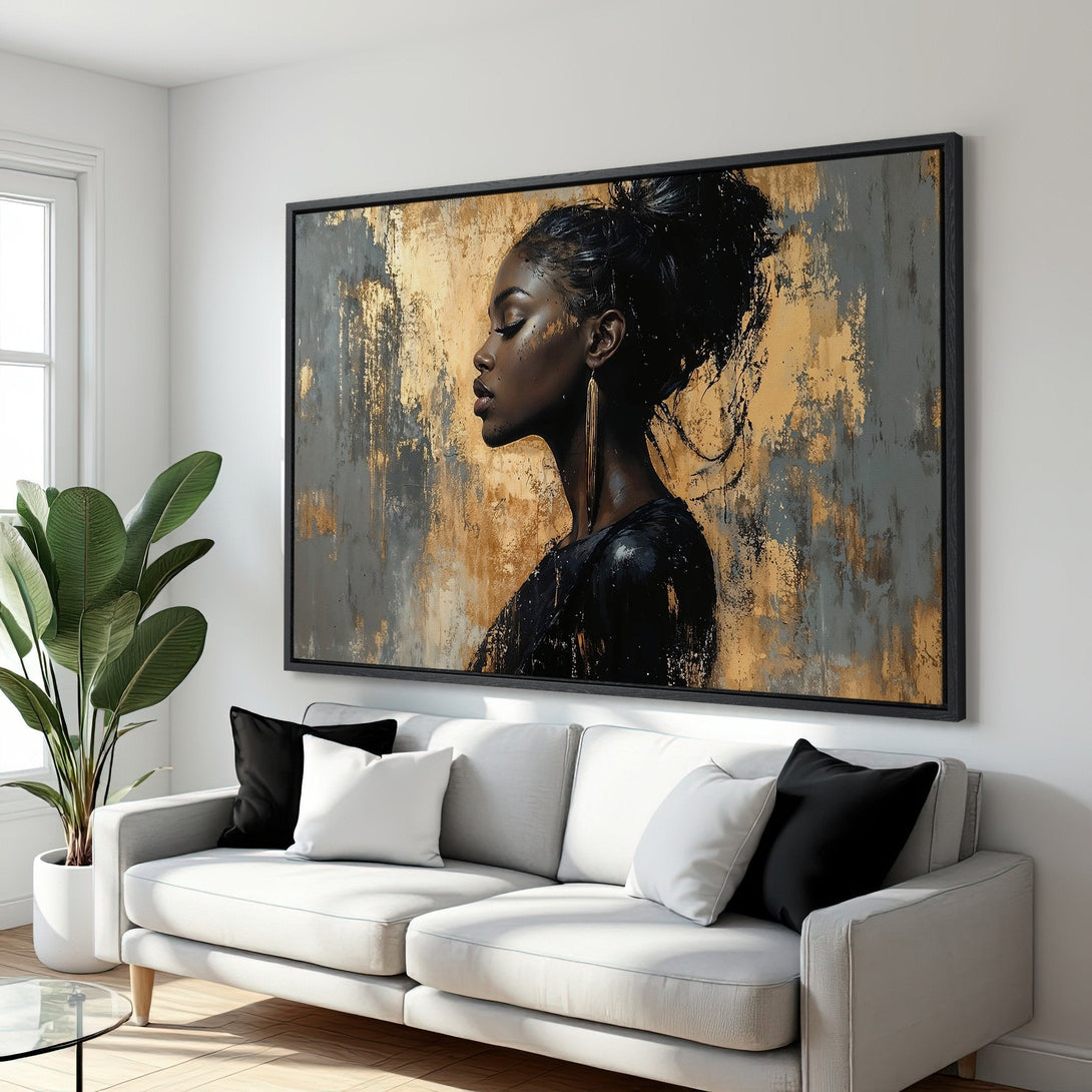 Framed Wall Art: Abstract portrait of a woman in black, gold, and gray tones. Modern art canvas print for stylish home decor.