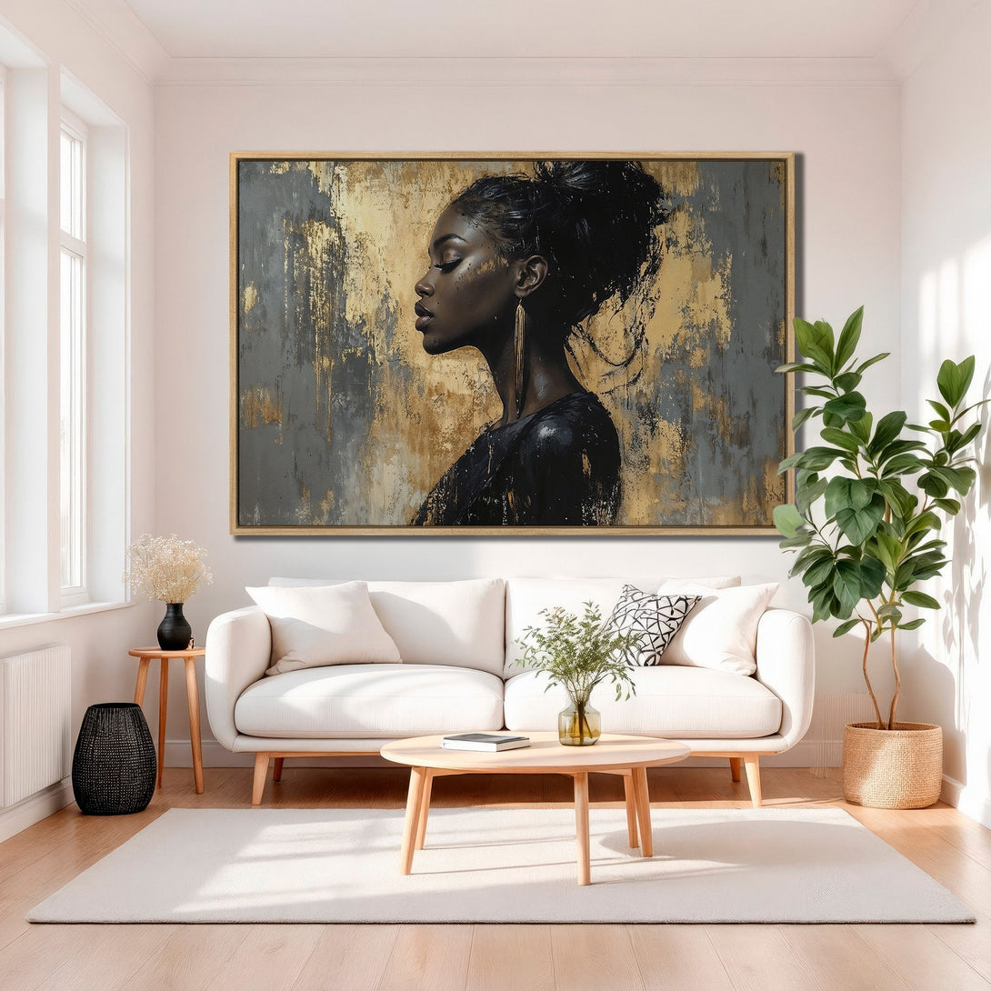 Framed Wall Art: Abstract portrait of a woman in gold, black, and gray. Modern art canvas print perfect for living room decor.