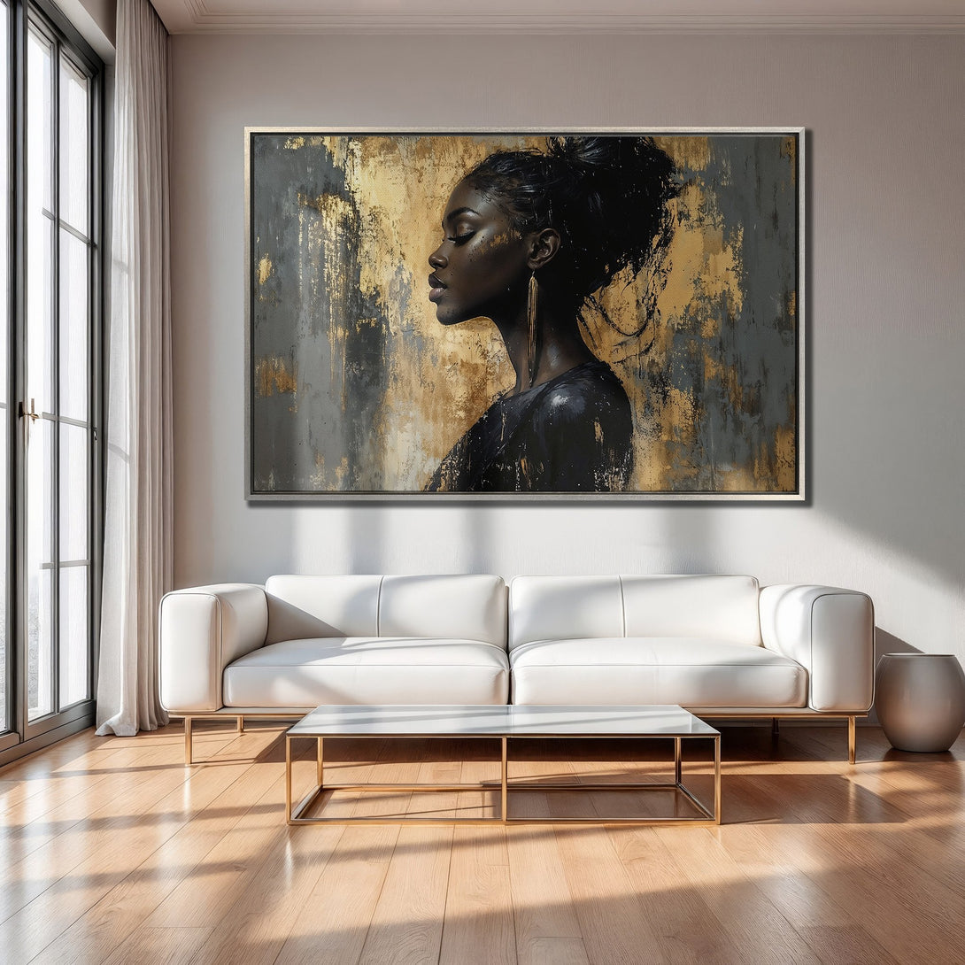 Framed Wall Art featuring an elegant black woman, abstract style, gold and gray palette. Elevate your space with this stunning canvas print!