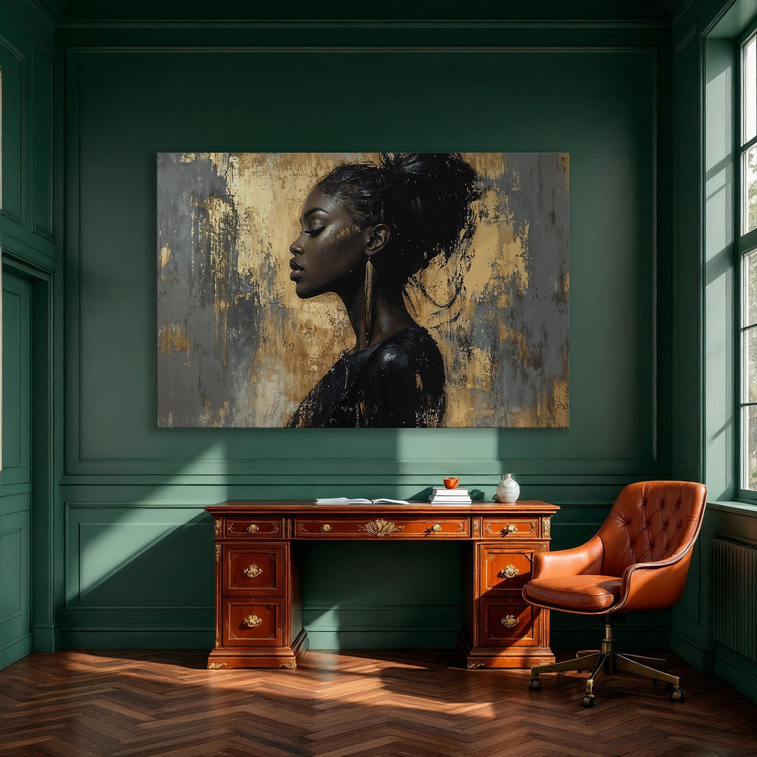 Framed Wall Art: Elegant portrait canvas print in gold, gray, and black. Modern art for stylish home decor. Shop now!